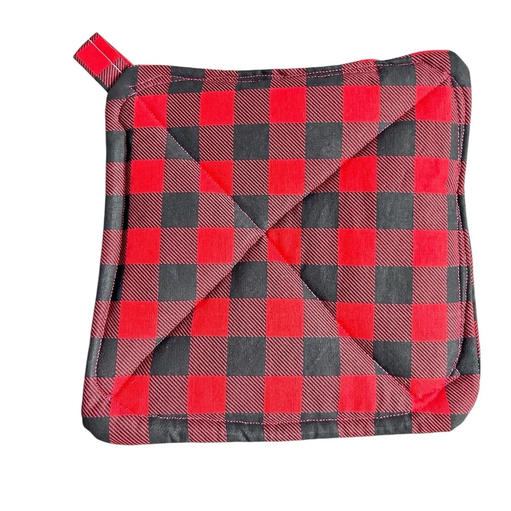 Hand Crafted Red and Black Buffalo Plaid Pot Holders Fabric Hot Mat Trivet